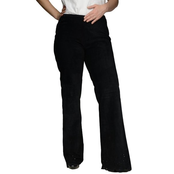 Danier black real suede flared pants with floral cut-out at bottom !! size 12 - Picture 4 of 10